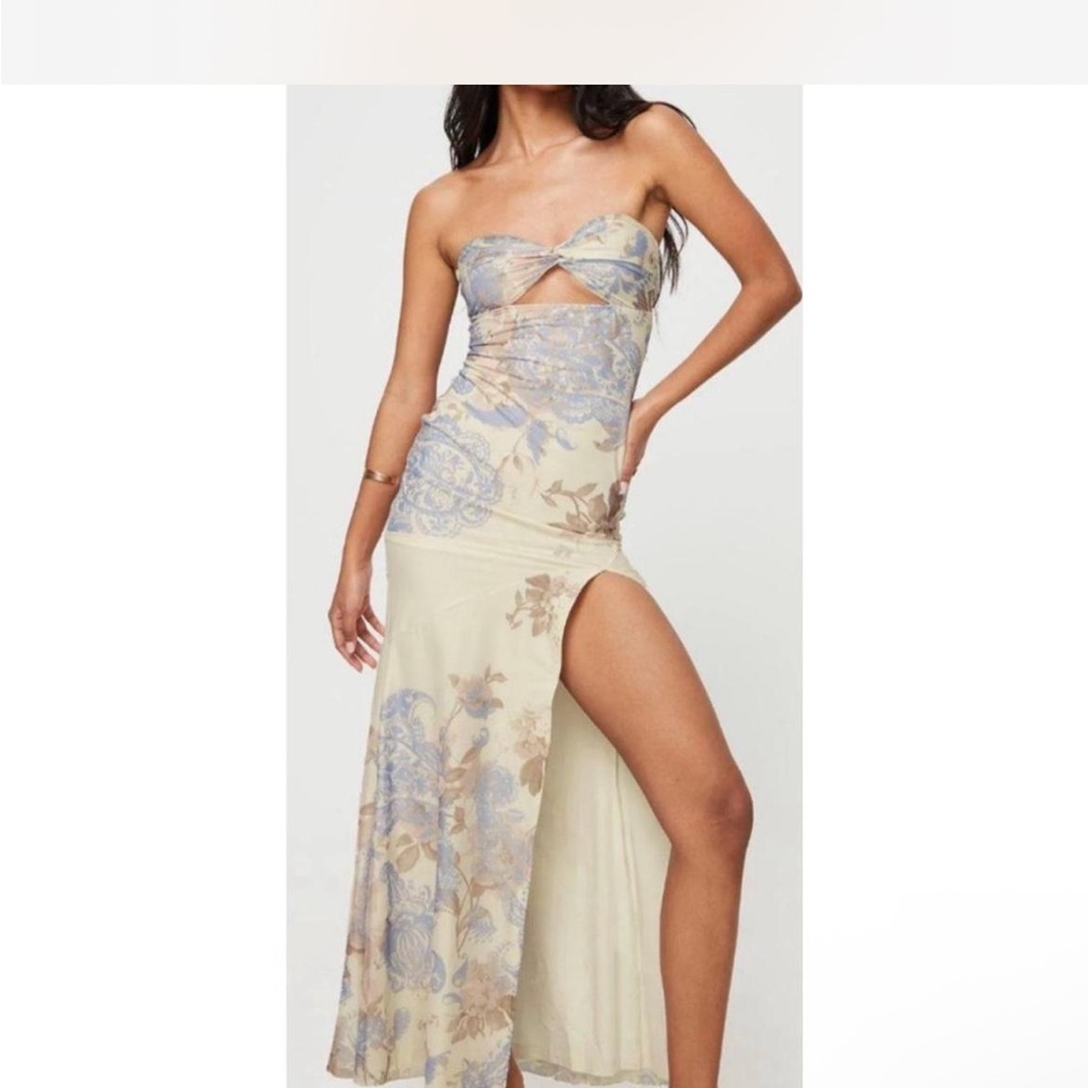 Princess Polly Strapless Cream Maxi Dress with Blue Floral Print